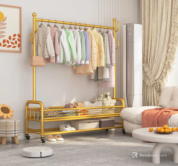 Golden Clothes Rack With Multiple Hanging Clothes Storage Shelf Near Sofa And Sunflower Decor 3d model 
