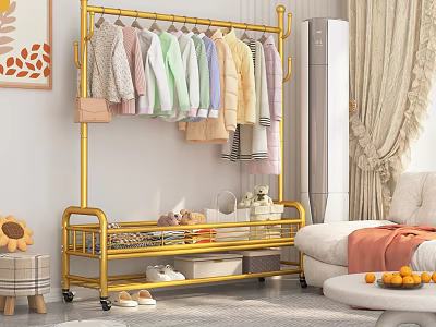 Golden Clothes Rack With Multiple Hanging Clothes Storage Shelf Near Sofa And Sunflower Decor 3d model