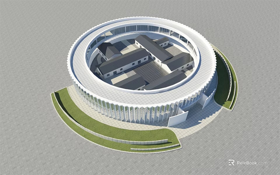 Modern Circular Architectural Structure With White Exterior And Green Surrounding Landscape 3d model
