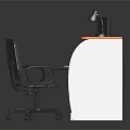 Modern Office Desk With Orange Surface Black Monitor Lamp Books Coffee Cup And Chair