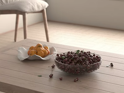 Fresh Oranges and Cherries in White and Glass Bowls on Wooden Table with Scattered Cherries 3d model