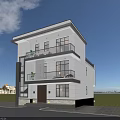 Modern Detached Villa Two Story Design With Large Glass Windows Balcony Staircase And Grass Lawn