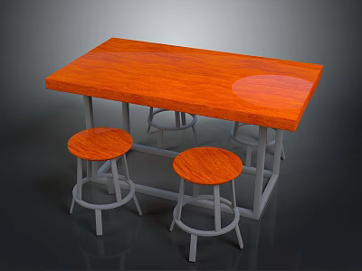 Modern Wooden Dining Table with Metal Frame Smooth Tabletop and Round Stools 3d model