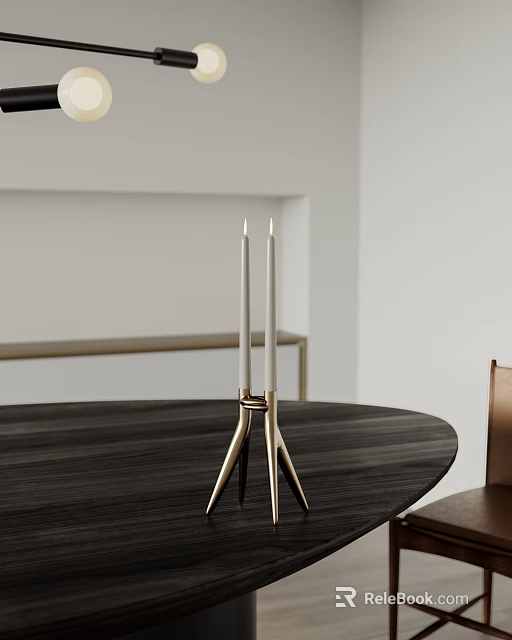 Minimalist Modern Brass Tripod Candle Holder With Two Candles On Dark Wooden Dining Table 3d model 