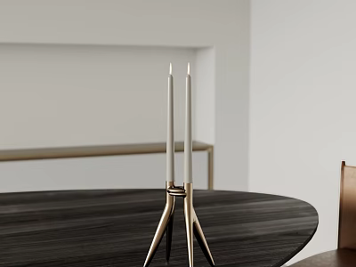 Minimalist Modern Brass Tripod Candle Holder With Two Candles On Dark Wooden Dining Table 3d model