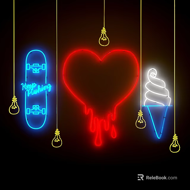 Neon Decorative Lights with Skateboard Heart Ice Cream Cone and Bulb Details 3d model 