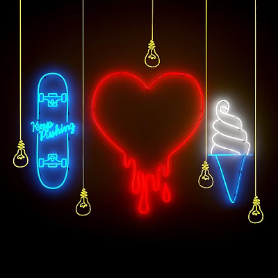 Neon Decorative Lights with Skateboard Heart Ice Cream Cone and Bulb Details 3d model