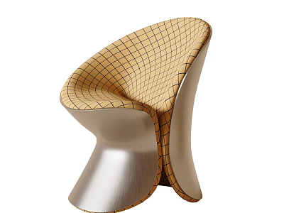 Modern Leisure Chair With Brown Grid Pattern Cushion And Silver Metal Frame 3d model
