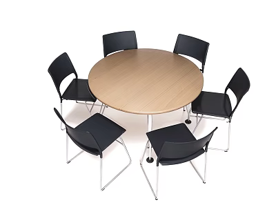 Round Wooden Conference Table with Six Black Chairs and Metal Legs 3d model