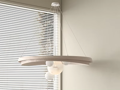 Circular Pendant Light With Three White Spherical Bulbs Hanging By Window Blinds On Light Wall 3d model