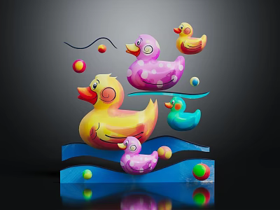 Vibrant Decorative Wavy Furniture Base With Colorful Rubber Ducks And Balls 3d model