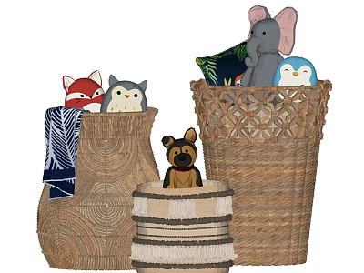 Woven Storage Baskets with Stuffed Animals Towel and Pillow for Kids Room Organizing 3d model