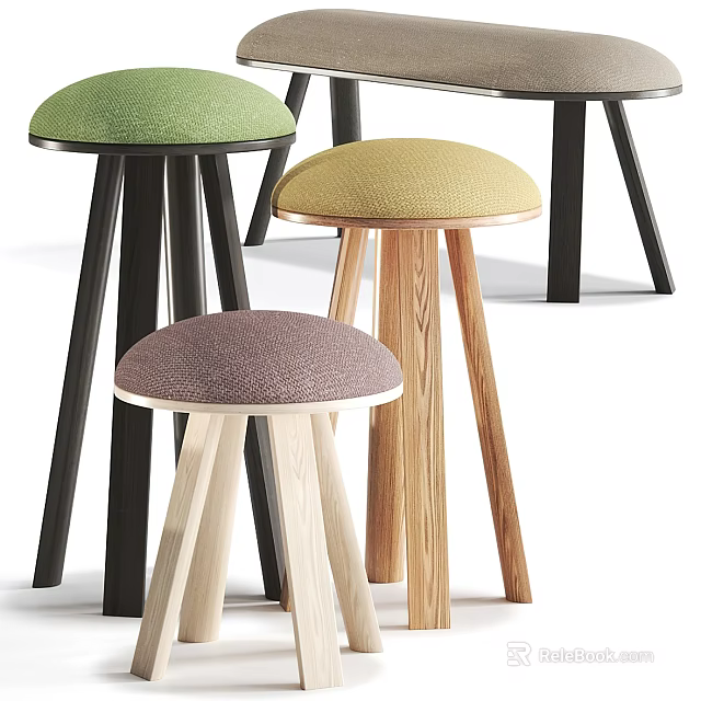 Modern Design Stools With Colorful Upholstered Seats And Wooden Legs Various Finishes 3d model 