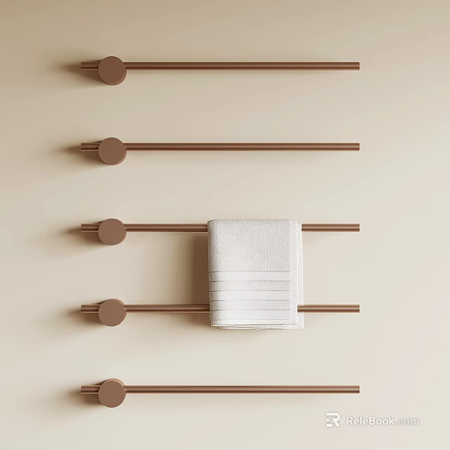Modern Multiple Brown Bathroom Towel Racks With White Towel On Beige Wall 3d model 