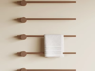 Modern Multiple Brown Bathroom Towel Racks With White Towel On Beige Wall 3d model