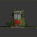 Abandoned Red Tram With Graffiti And Rust Surrounded By Weeds And Gravel