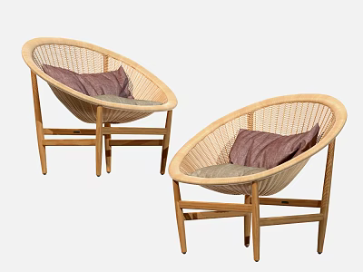 Two Wicker Lounge Chairs With Wooden Frame And Purple Cushions 3d model