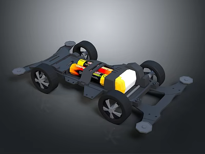 Toy Car Chassis 3D Model With Gray Frame Black Wheels Yellow Black Motor White Components 3d model