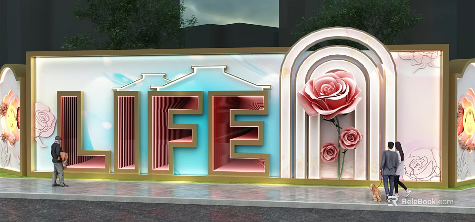 Decorative Building Exterior Wall With LIFE Lettering Golden Frame Rose Motifs And Arched Design 3d model 