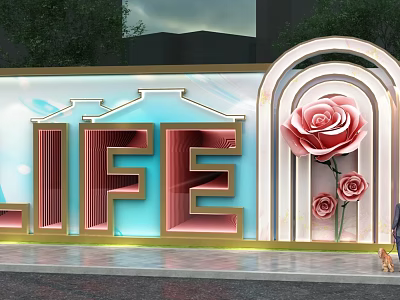 Decorative Building Exterior Wall With LIFE Lettering Golden Frame Rose Motifs And Arched Design 3d model