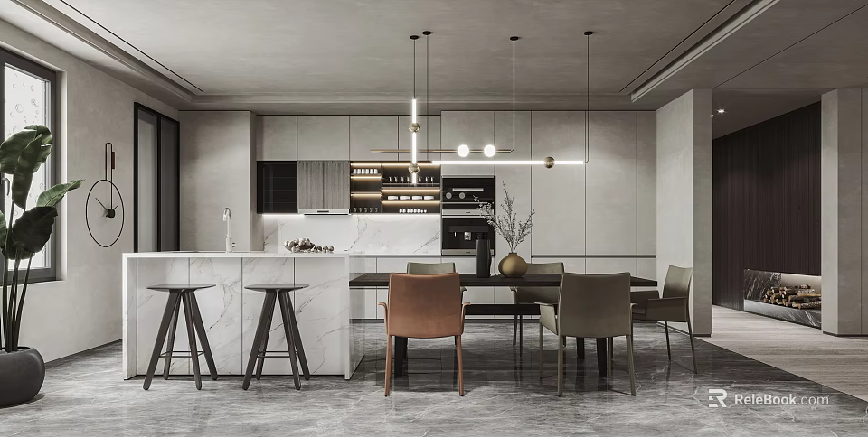 Modern Restaurant Interior Design With Marble Island Dining Table Pendant Lights Cabinets And Chairs 3d model 