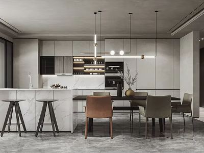Modern Restaurant Interior Design With Marble Island Dining Table Pendant Lights Cabinets And Chairs 3d model