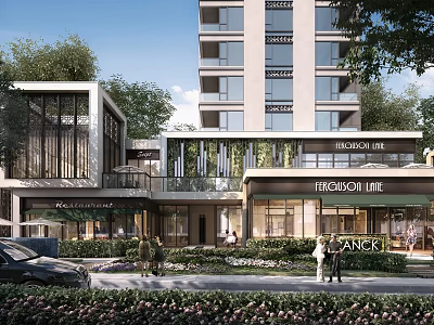 Modern Commercial Street with Stylish Shops Greenery Pedestrian Walkways and High Rise Buildings 3d model