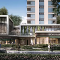 Modern Commercial Street with Stylish Shops Greenery Pedestrian Walkways and High Rise Buildings