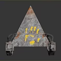 Pyramid Shaped Object With Yellow Handprints Gray Orange Surface And Metal Wheels 3d model