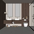 Modern Bathroom Interior With Double Vanity Sinks Wooden Cabinets Mirrors Glass Shower And Toilet