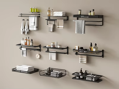 Bathroom Accessories Black Wall Mounted Shelves With Towels Toiletries And Storage Racks 3d model