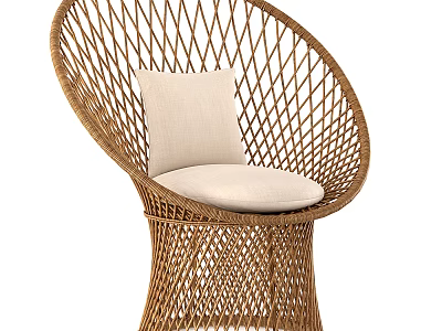 Comfortable Stylish Handwoven Wicker Leisure Chair with Round Design and Cream Cushion 3d model