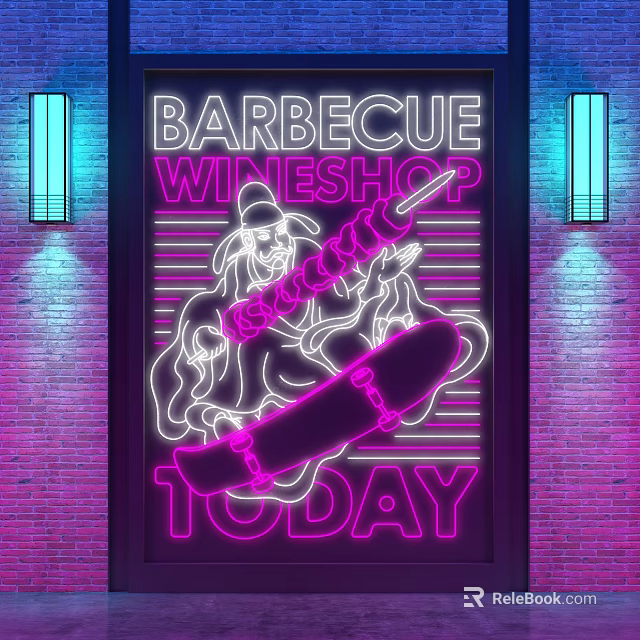 Decorative Lights Featuring Neon Barbecue Wineshop Signage Skateboard Design And Today Text On Brick Wall 3d model 