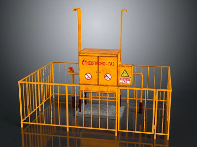 Yellow Industrial Safety Equipment With Enclosure Fence And Warning Signs 3d model