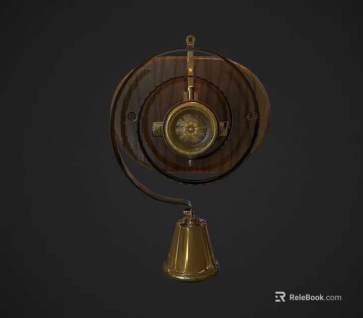 Vintage Wooden Circular Household Item With Decorative Gold Bell And Metal Accents 3d model 