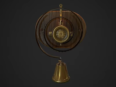 Vintage Wooden Circular Household Item With Decorative Gold Bell And Metal Accents 3d model