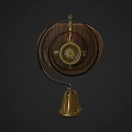 Vintage Wooden Circular Household Item With Decorative Gold Bell And Metal Accents