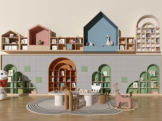 Kindergarten Bookshelf Kindergarten Bookcase Reading Room Kindergarten Tables and Chairs 3d model