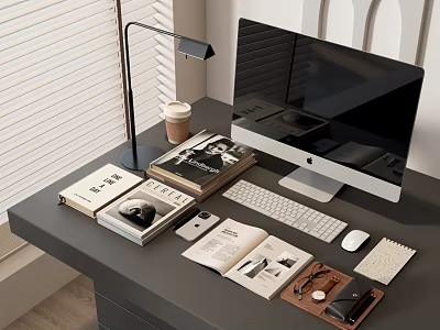 Modern Office Desk Setup With Computer Monitor Lamp Keyboard Mouse Coffee Cup And Books 3d model
