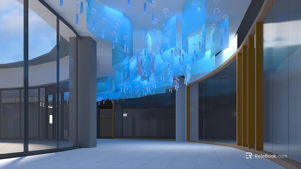 Blue Wavy Hanging Decorations In Modern Open Interior Space With Glass Walls And Columns 3d model 