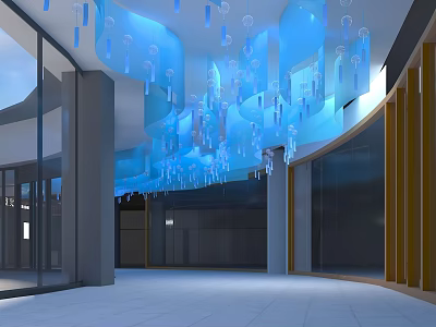 Blue Wavy Hanging Decorations In Modern Open Interior Space With Glass Walls And Columns 3d model