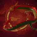 Flying Dragon Creature With Green Red Scales On Red Background With Clouds And Stars