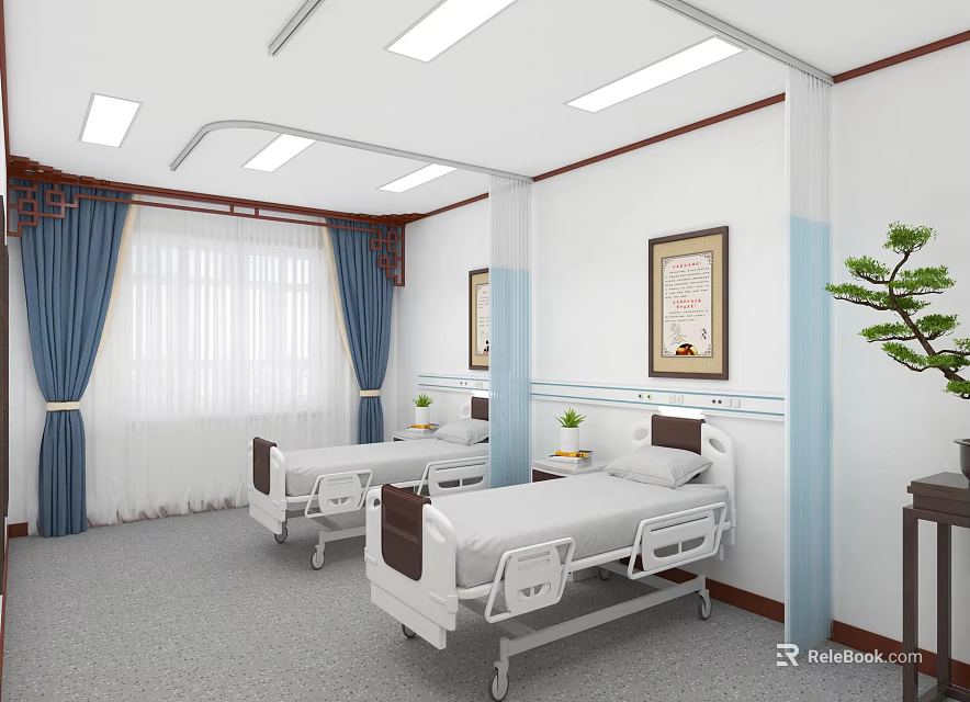 Modern Hospital Room Interior With White Beds Blue Curtains Paintings And Green Plants 3d model 