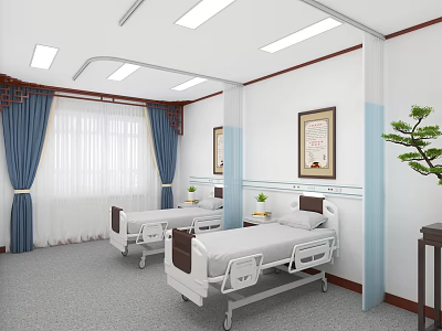 Modern Hospital Room Interior With White Beds Blue Curtains Paintings And Green Plants 3d model