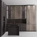 Modern Kitchen Interior Featuring Wood Grain Cabinets With Black Countertop Lighting 3d model