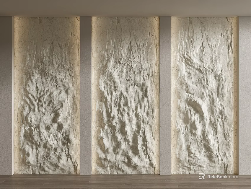 Bed Background Wall Design With Three Textured Light Beige Panels And Natural Texture 3d model 