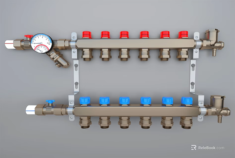 Hydronic Manifold System With Red Blue Valves Pressure Gauge And Metal Pipes 3d model 