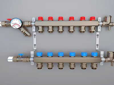 Hydronic Manifold System With Red Blue Valves Pressure Gauge And Metal Pipes 3d model