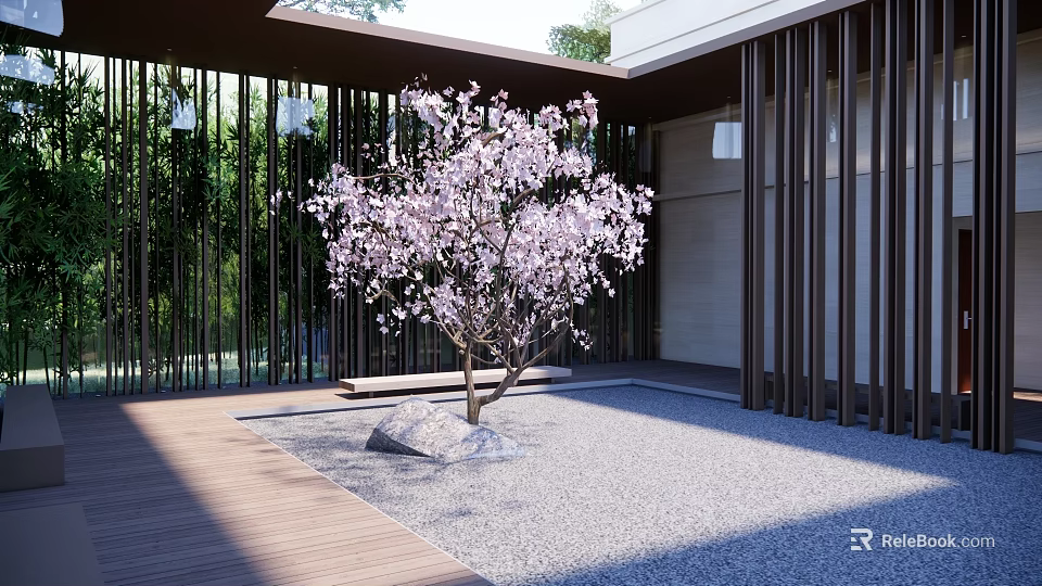 Tranquil Garden Landscape With Cherry Blossom Tree Gravel Ground And Wooden Screens 3d model 