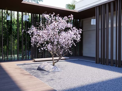 Tranquil Garden Landscape With Cherry Blossom Tree Gravel Ground And Wooden Screens 3d model